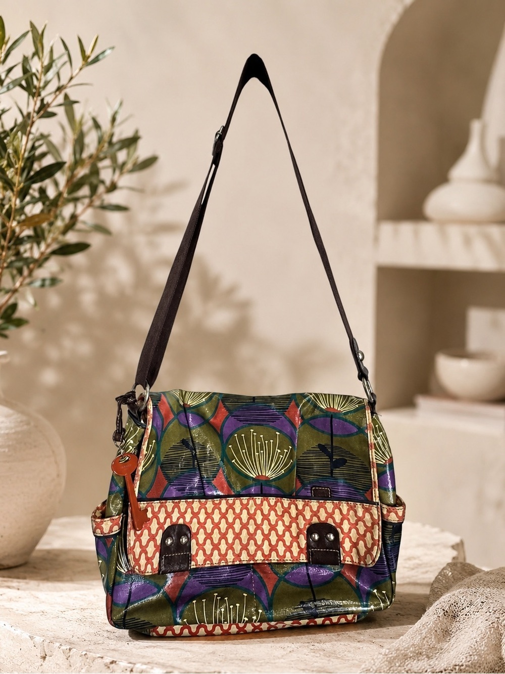 Fossil Floral Coated Canvas Messenger Bag Boho Retro Print Shoulder Purse